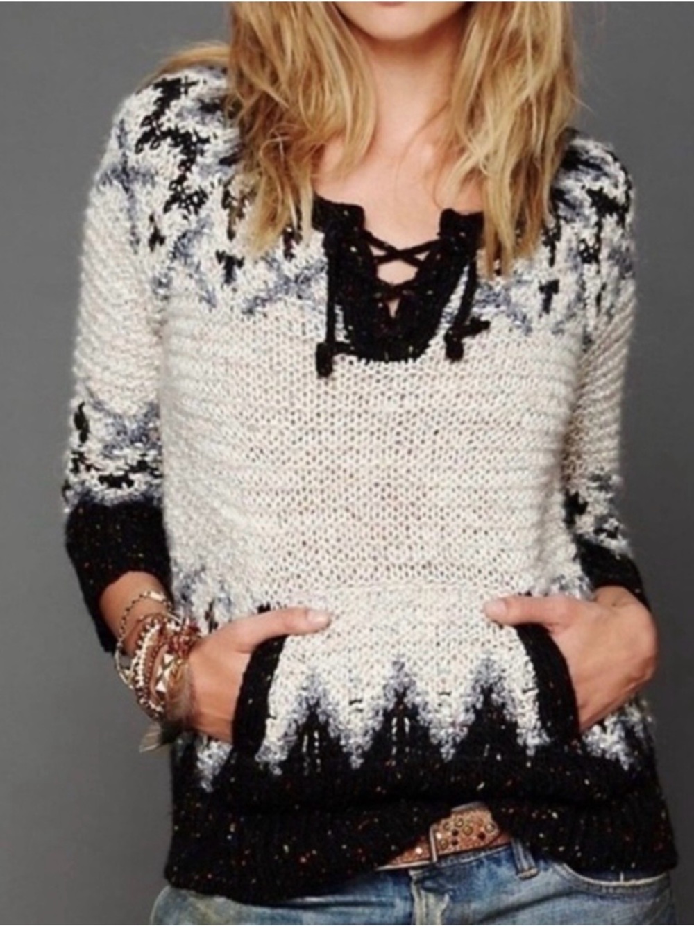 Free People Love Bug Nordic Fair Isle Boho Sweater Wool Alpaca Chunky Knit